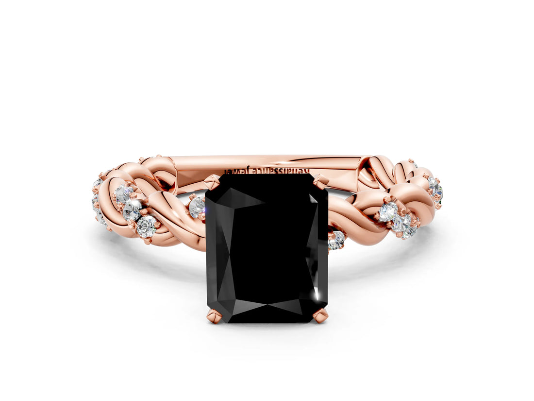 Rose gold Fancy Black Radiant Cut Solitaire Twisted Band with Pavé Accents and Four-Prong Setting