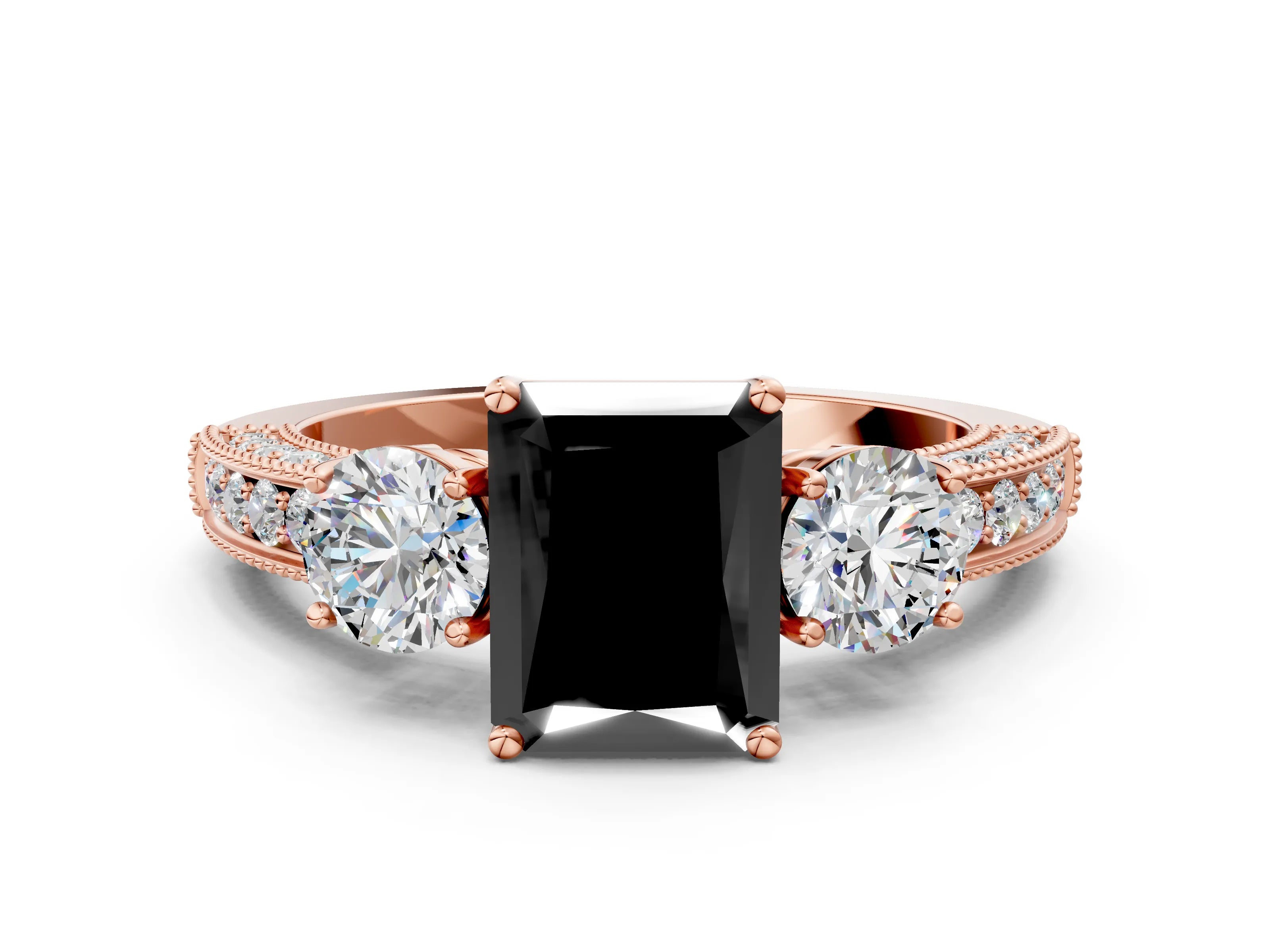 Rose gold Fancy Black Radiant Cut Three-Stone Diamond Ring with Pavé Band and Four-Prong Setting