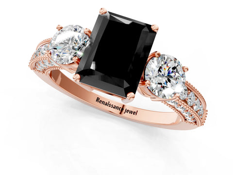 Rose gold Fancy Black Radiant Cut Three-Stone Diamond Ring with Pavé Band and Four-Prong Setting_1