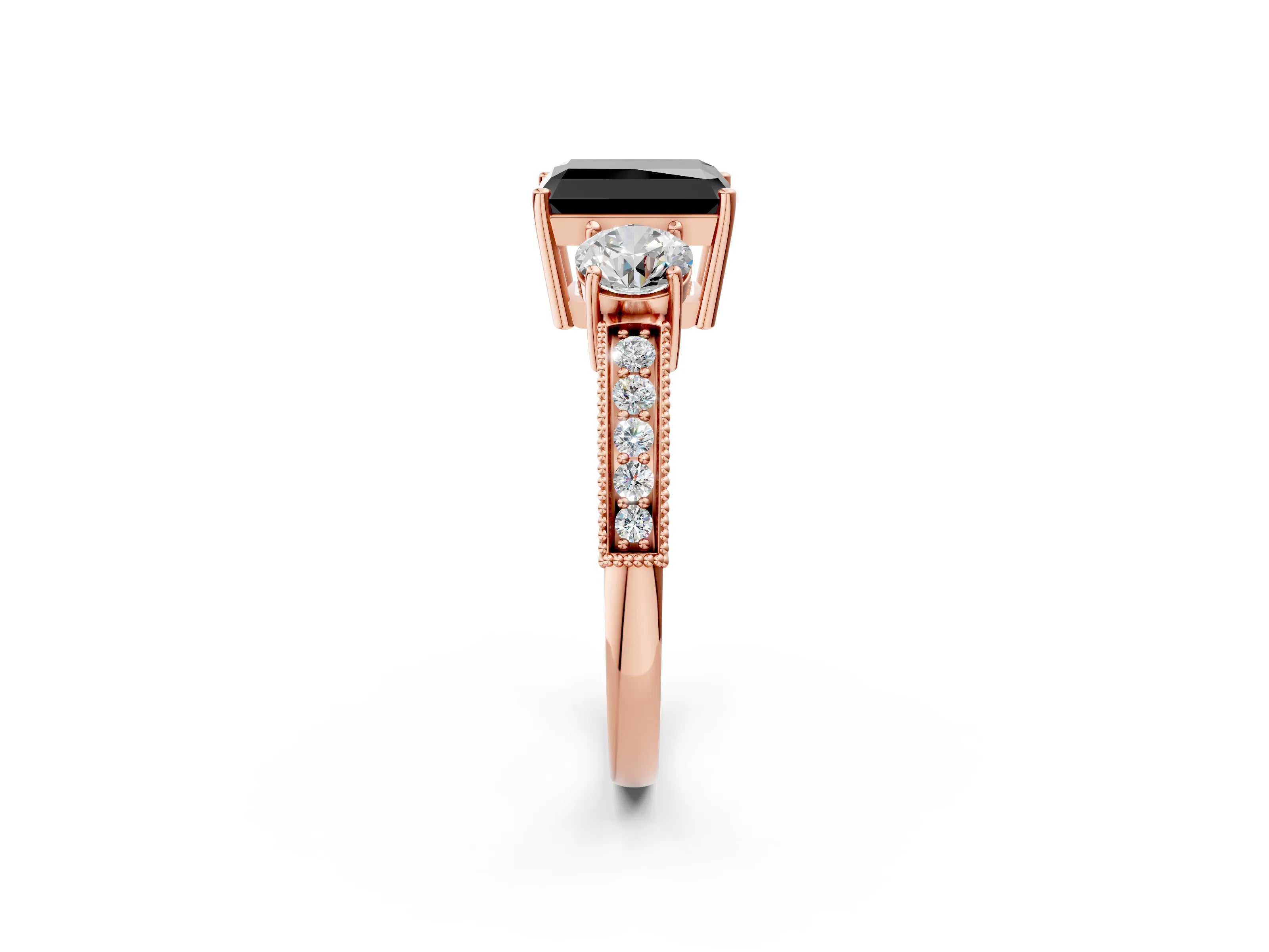 Rose gold Fancy Black Radiant Cut Three-Stone Diamond Ring with Pavé Band and Four-Prong Setting_2