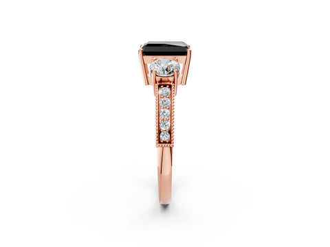Rose gold Fancy Black Radiant Cut Three-Stone Diamond Ring with Pavé Band and Four-Prong Setting_2