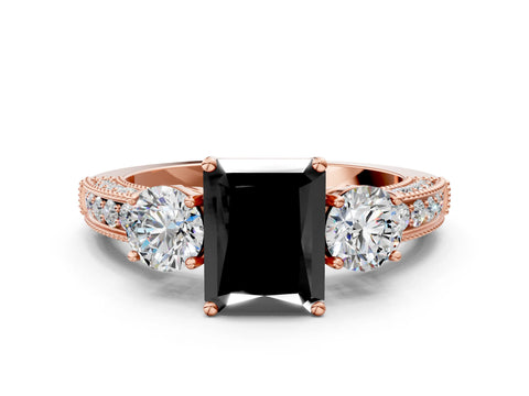 Rose gold Fancy Black Radiant Cut Three-Stone Diamond Ring with Pavé Band and Four-Prong Setting