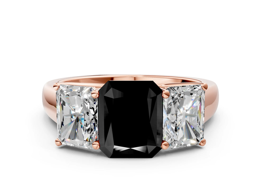 Rose gold Fancy Black Radiant Cut Three-Stone Diamond Ring with Prong Setting on a Classic Band_12