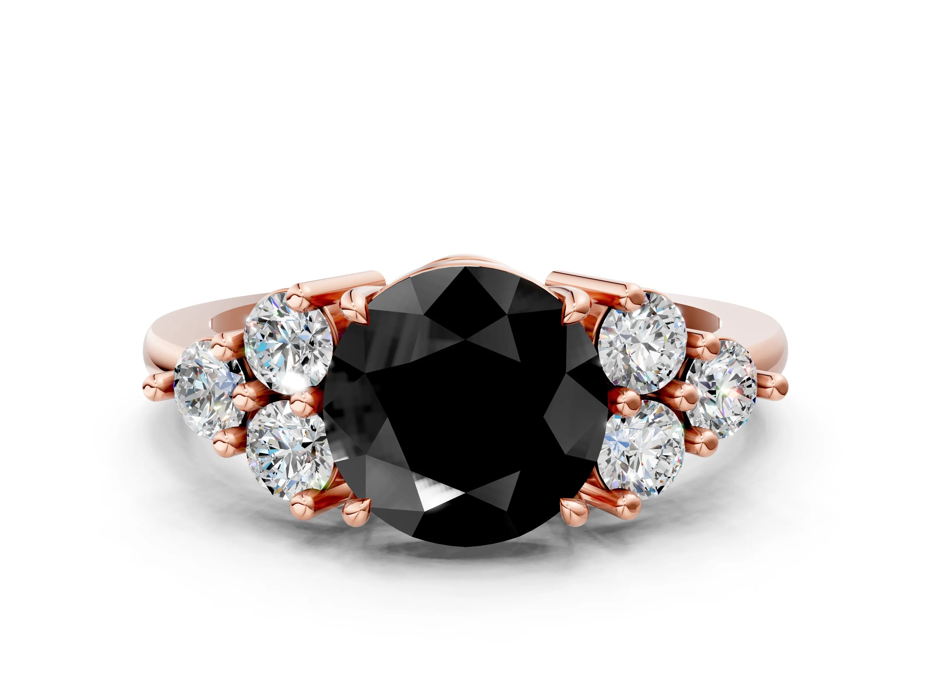 Rose gold Fancy Black Round Cut Brilliant Diamond Cluster Accent Solitaire Ring with Prong Setting