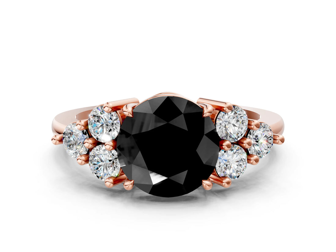 Rose gold Fancy Black Round Cut Brilliant Diamond Cluster Accent Solitaire Ring with Prong Setting