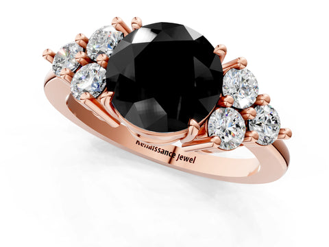 Rose gold Fancy Black Round Cut Brilliant Diamond Cluster Accent Solitaire Ring with Prong Setting_1
