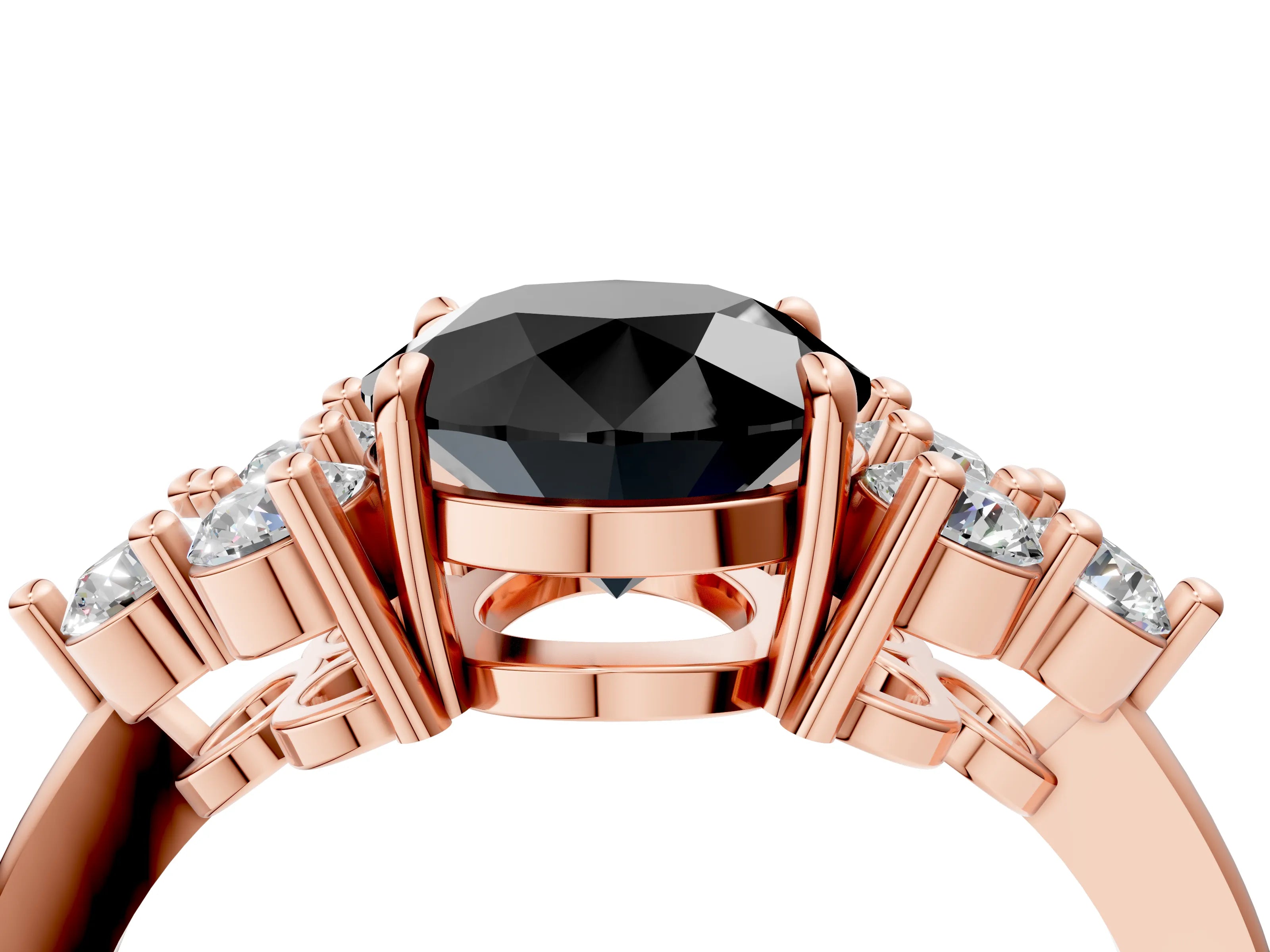 Rose gold Fancy Black Round Cut Brilliant Diamond Cluster Accent Solitaire Ring with Prong Setting_4