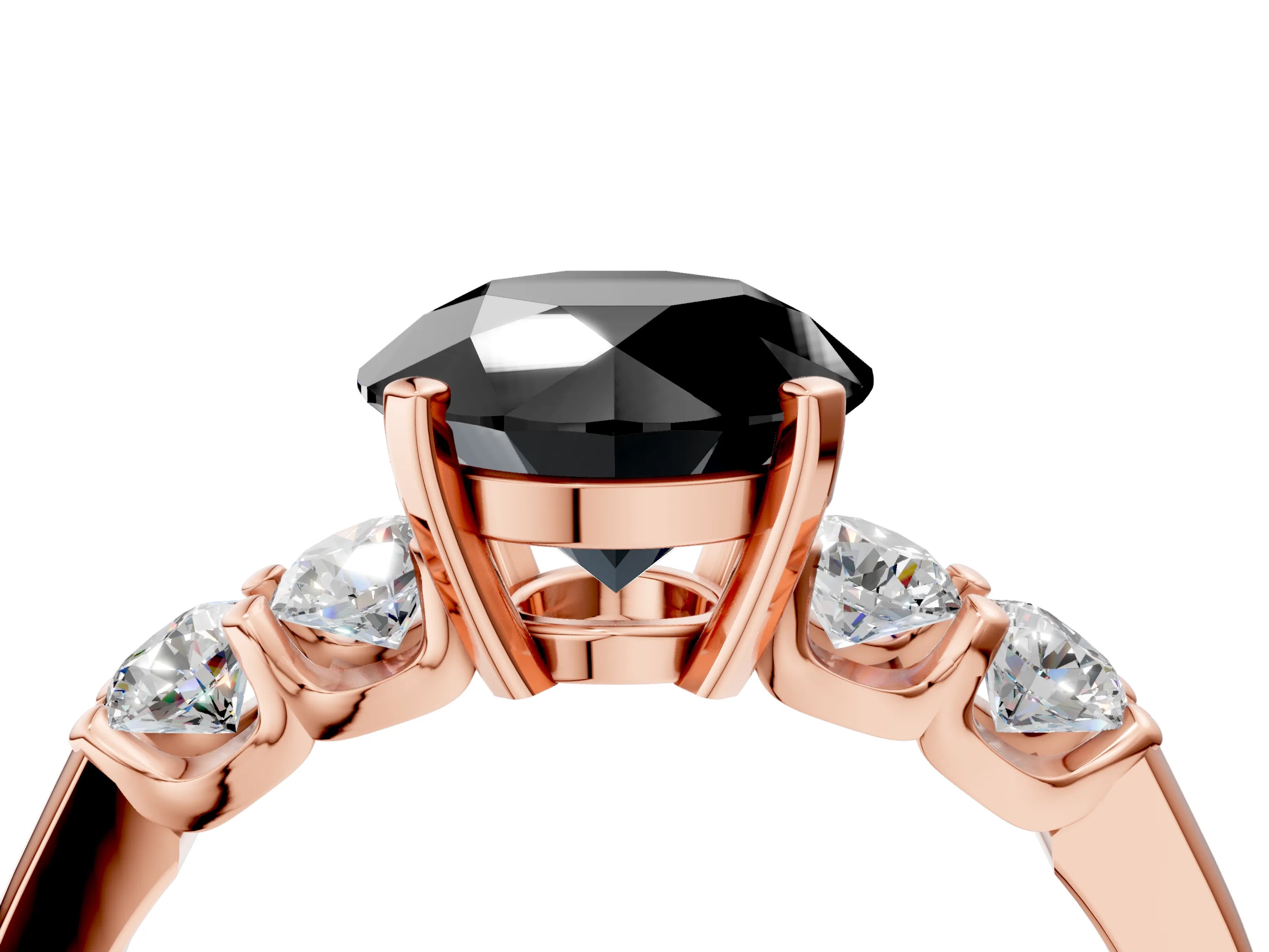 Rose gold Fancy Black Round Cut Brilliant Diamond Five-Stone Engagement Ring with Prong Setting on a Classic Band_7