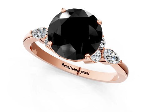 Rose gold Fancy Black Round Cut Brilliant Diamond Solitaire Ring with Pear Side Stones and Four-Prong Setting_4