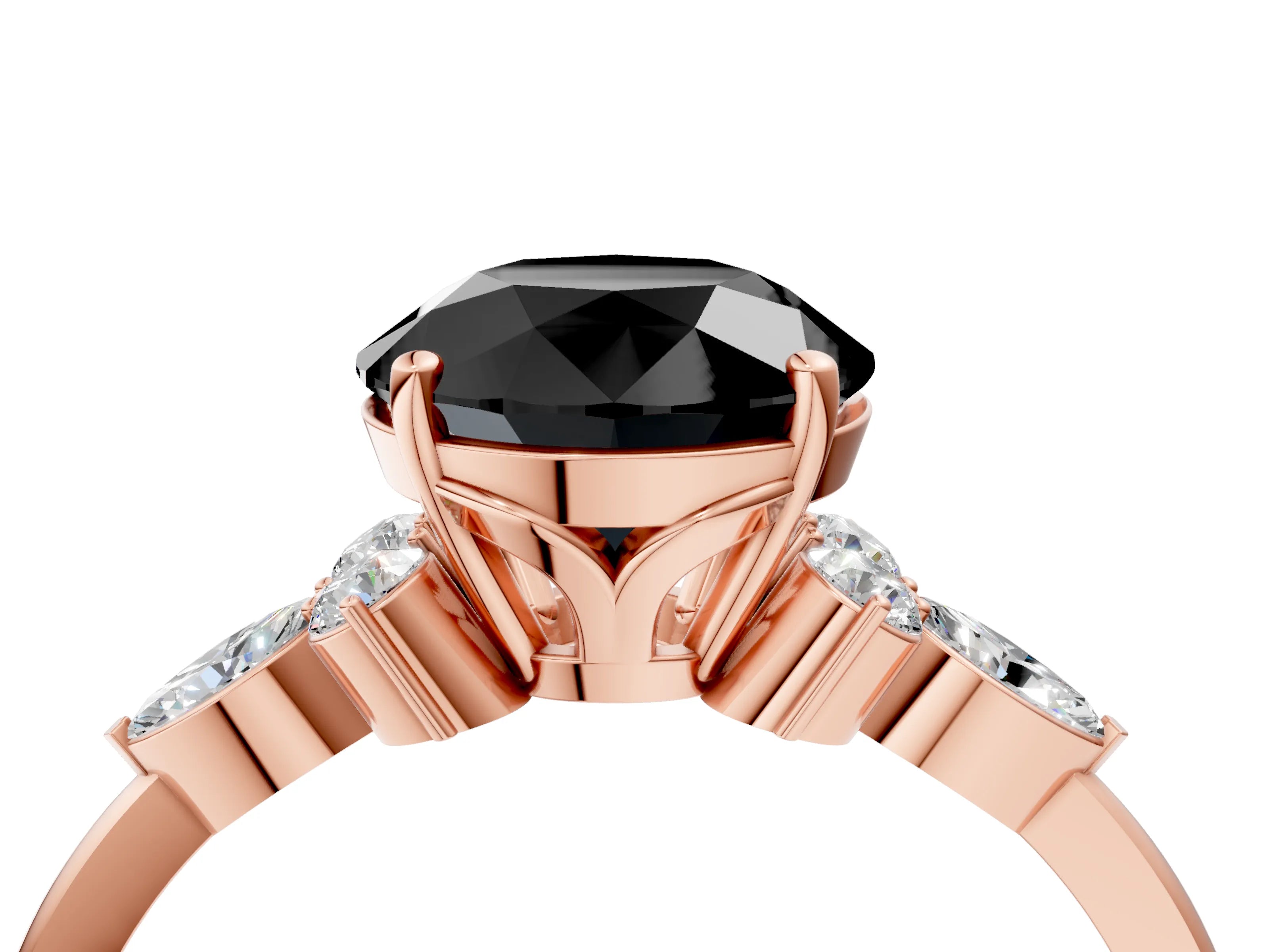 Rose gold Fancy Black Round Cut Brilliant Diamond Solitaire Ring with Pear Side Stones and Four-Prong Setting_7