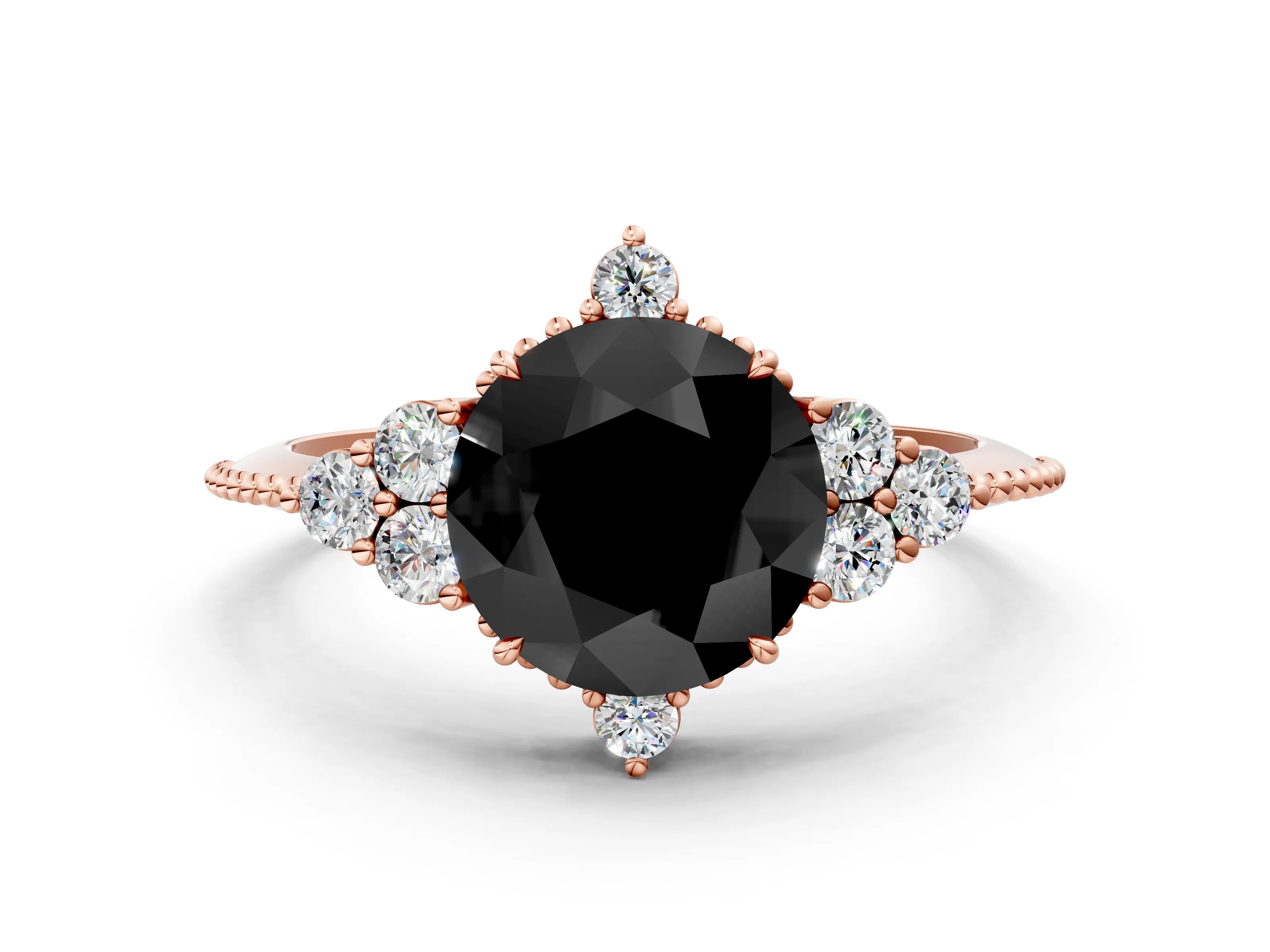 Rose gold Fancy Black Round Cut Brilliant Diamond with Cluster Setting on a Beaded Band and Four-Prong Setting