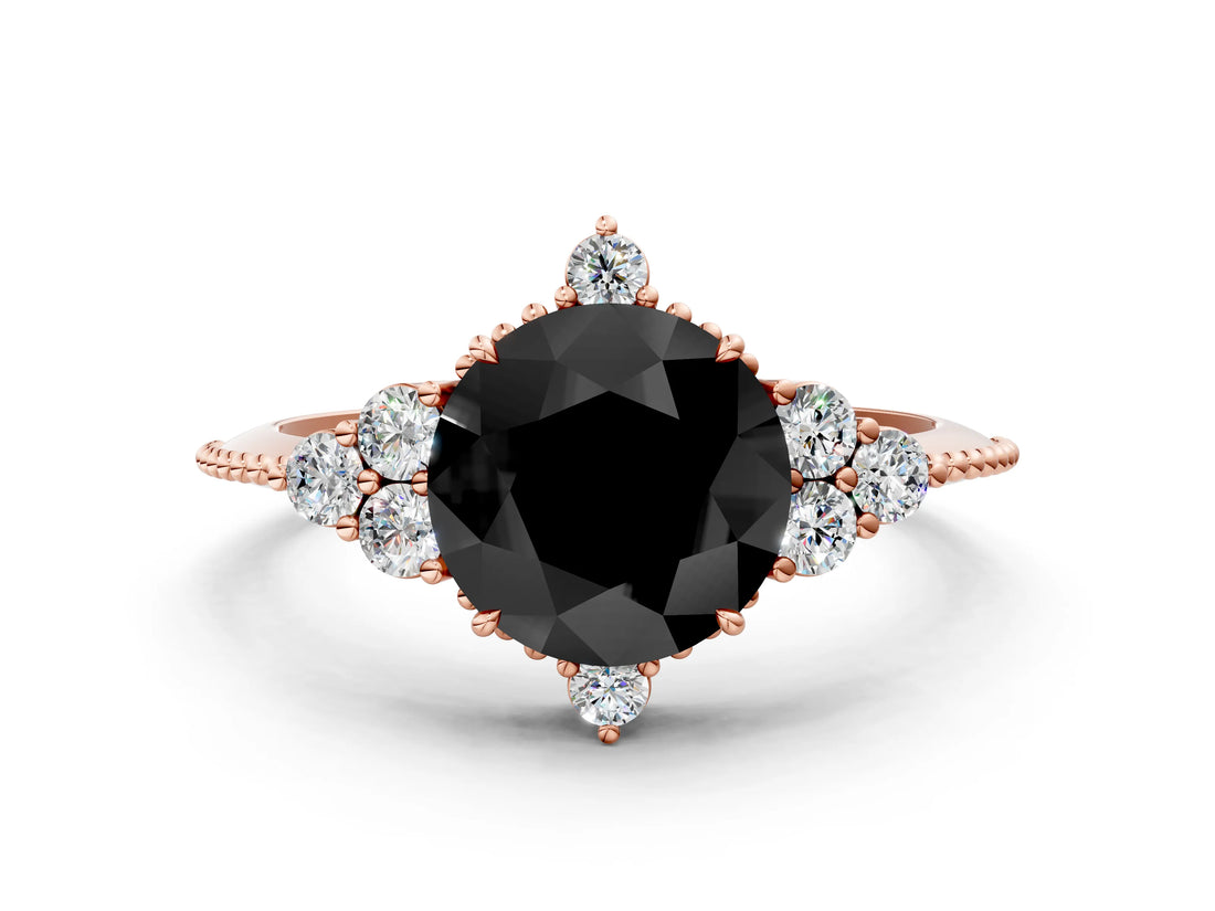Rose gold Fancy Black Round Cut Brilliant Diamond with Cluster Setting on a Beaded Band and Four-Prong Setting