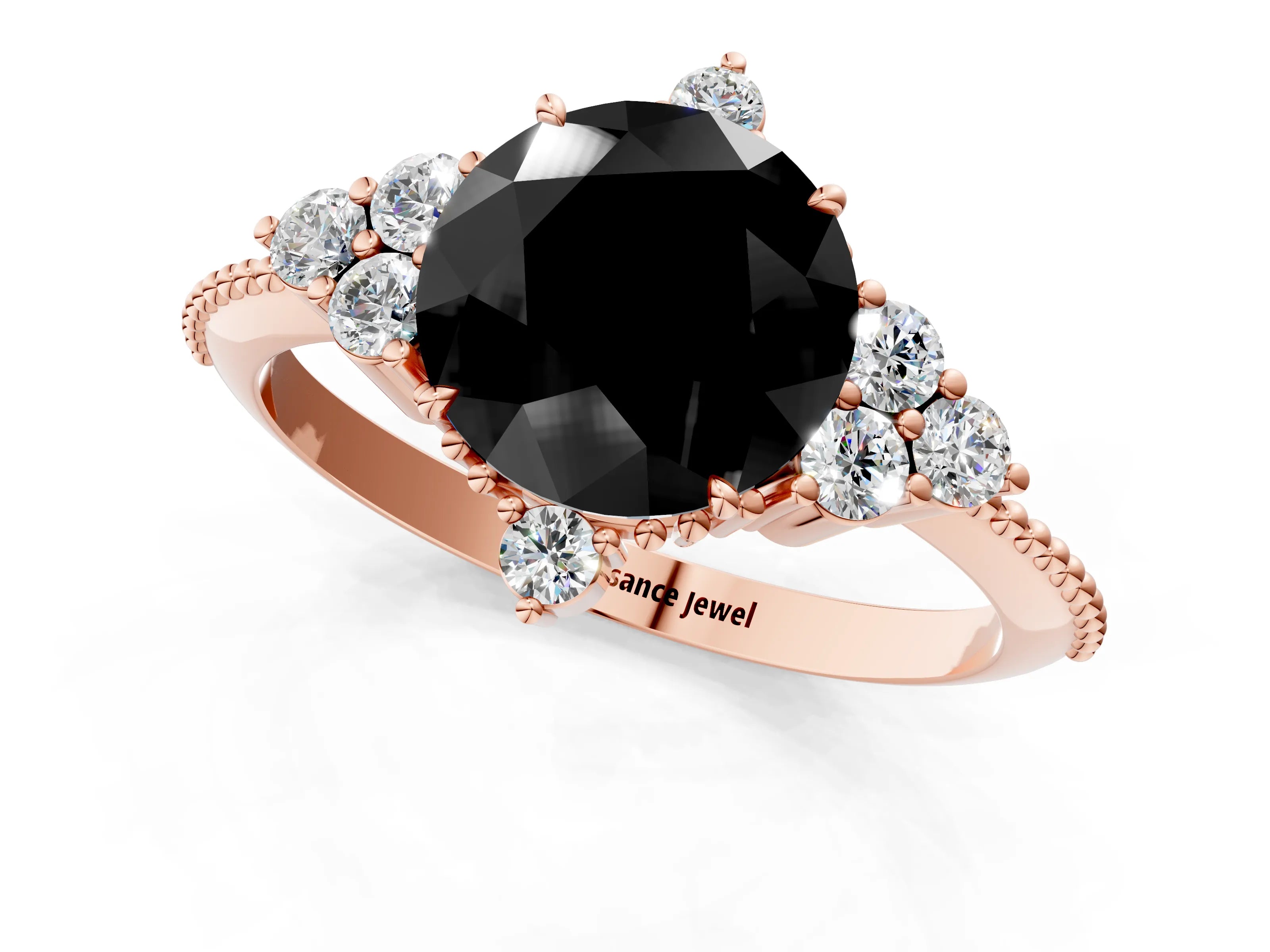 Rose gold Fancy Black Round Cut Brilliant Diamond with Cluster Setting on a Beaded Band and Four-Prong Setting_1