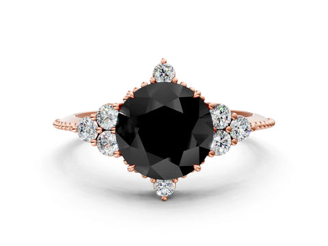 Rose gold Fancy Black Round Cut Brilliant Diamond with Cluster Setting on a Beaded Band and Four-Prong Setting