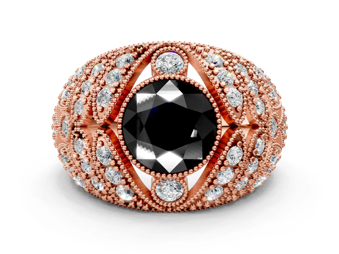 Rose gold Fancy Black Round Cut Brilliant Halo Pave Diamond Milgrain Ring
