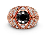 Rose gold Fancy Black Round Cut Brilliant Halo Pave Diamond Milgrain Ring