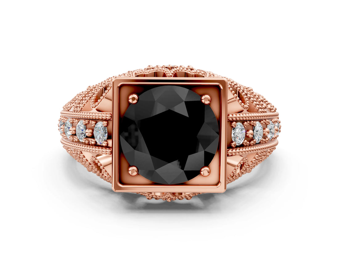 Rose gold Fancy Black Round Cut Brilliant Milgrain Filigree Diamond Ring with Square Prong Setting