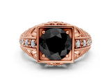 Rose gold Fancy Black Round Cut Brilliant Milgrain Filigree Diamond Ring with Square Prong Setting