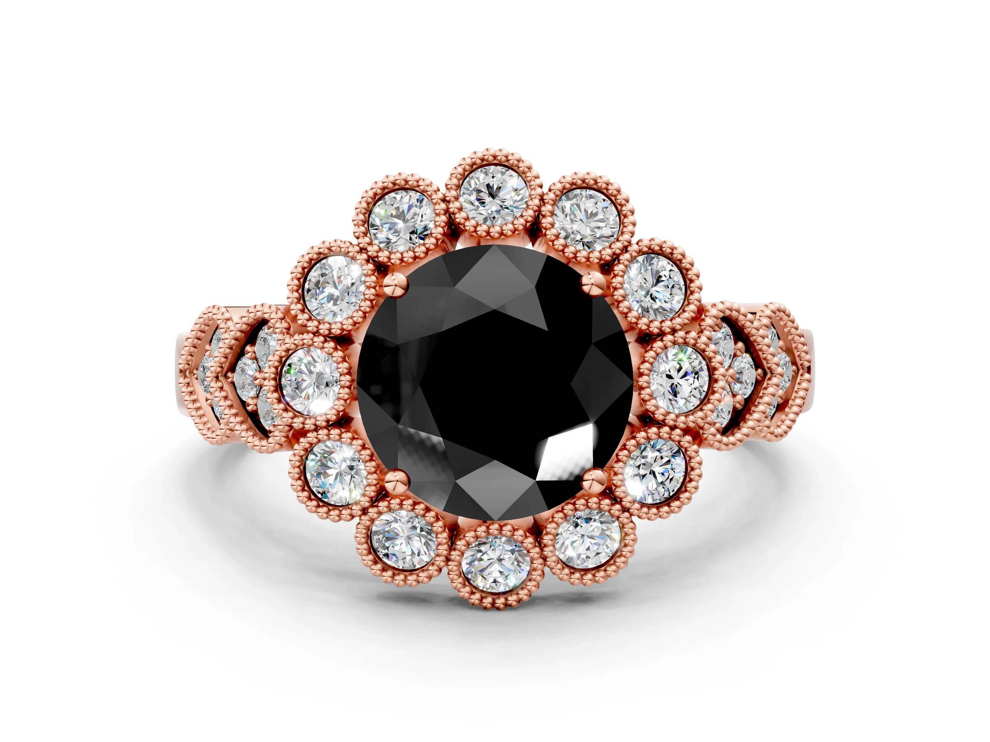 Rose gold Fancy Black Round Cut Brilliant Milgrain Pave Heart Band Solitaire Ring