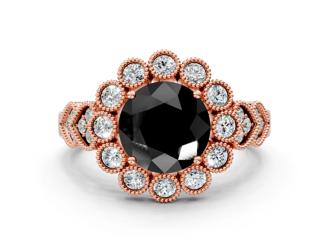 Rose gold Fancy Black Round Cut Brilliant Milgrain Pave Heart Band Solitaire Ring
