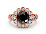 Rose gold Fancy Black Round Cut Brilliant Milgrain Pave Heart Band Solitaire Ring
