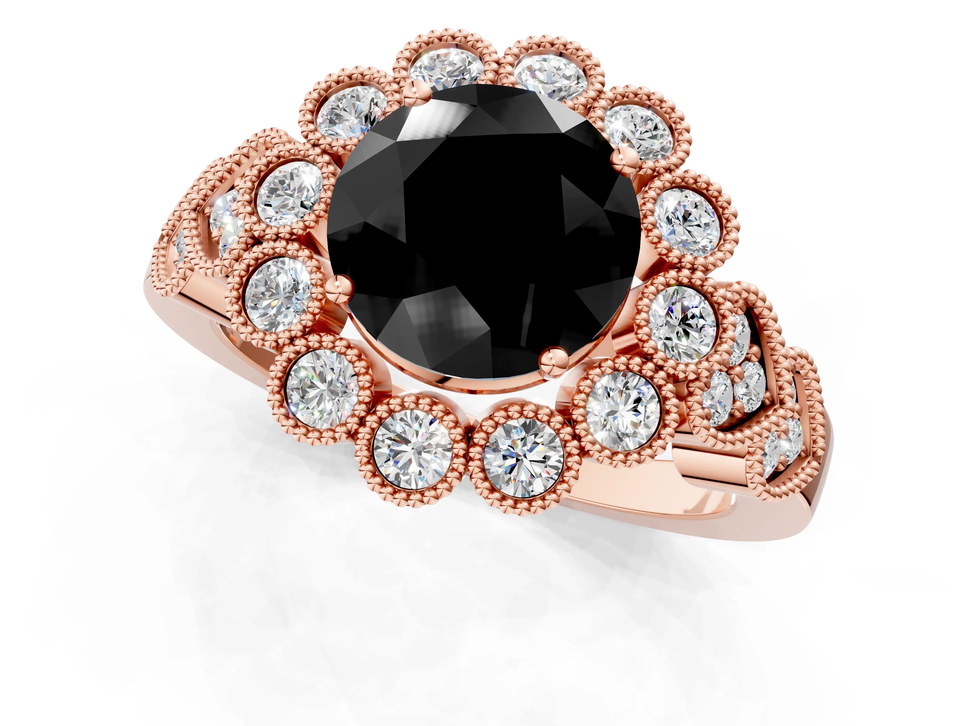 Rose gold Fancy Black Round Cut Brilliant Milgrain Pave Heart Band Solitaire Ring_1