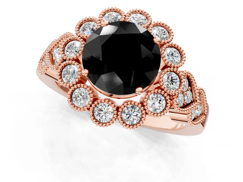 Rose gold Fancy Black Round Cut Brilliant Milgrain Pave Heart Band Solitaire Ring_1