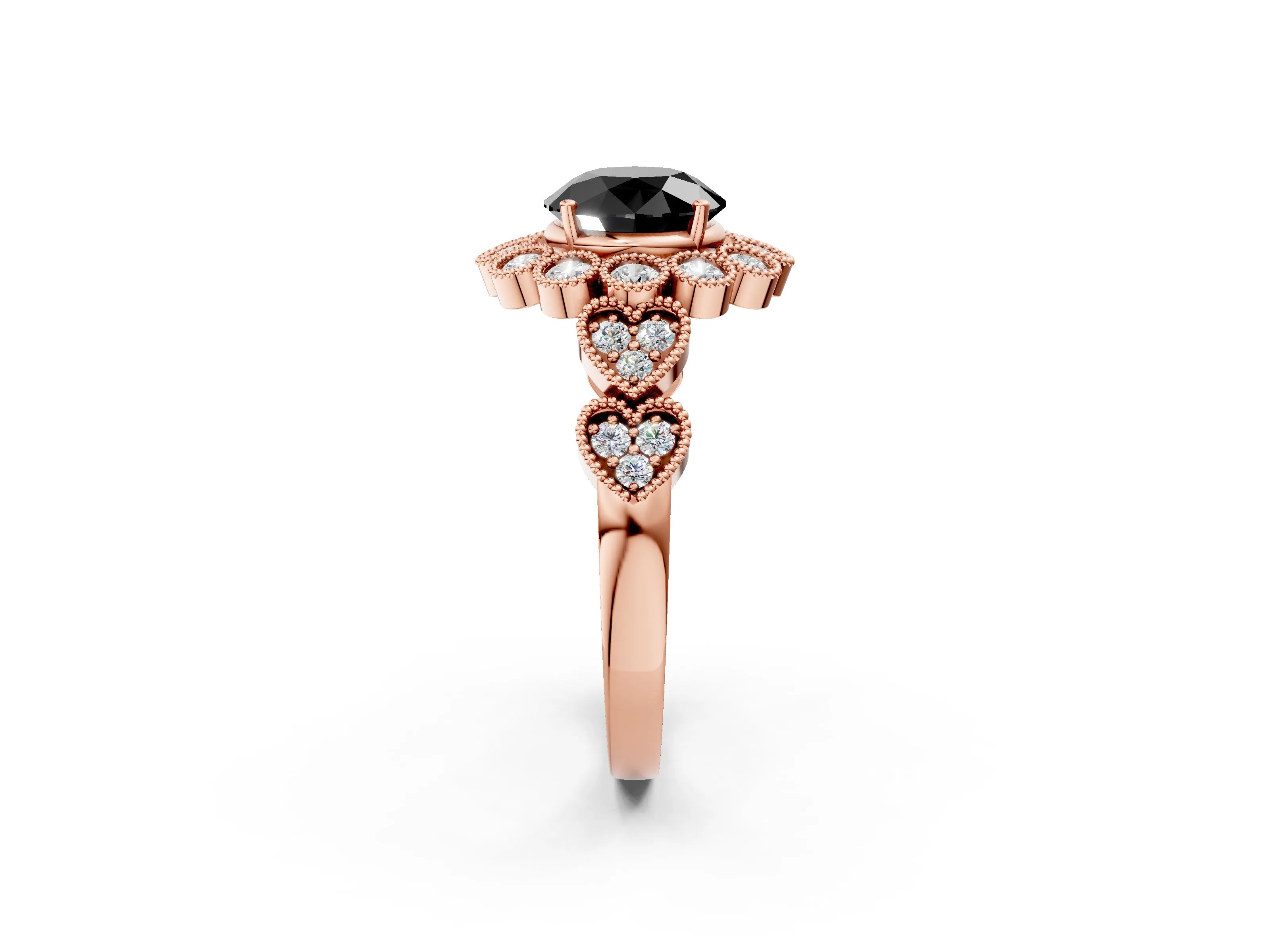 Rose gold Fancy Black Round Cut Brilliant Milgrain Pave Heart Band Solitaire Ring_2