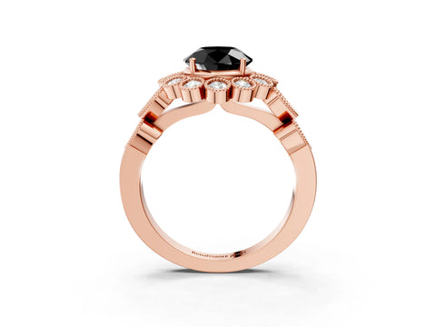 Rose gold Fancy Black Round Cut Brilliant Milgrain Pave Heart Band Solitaire Ring_3