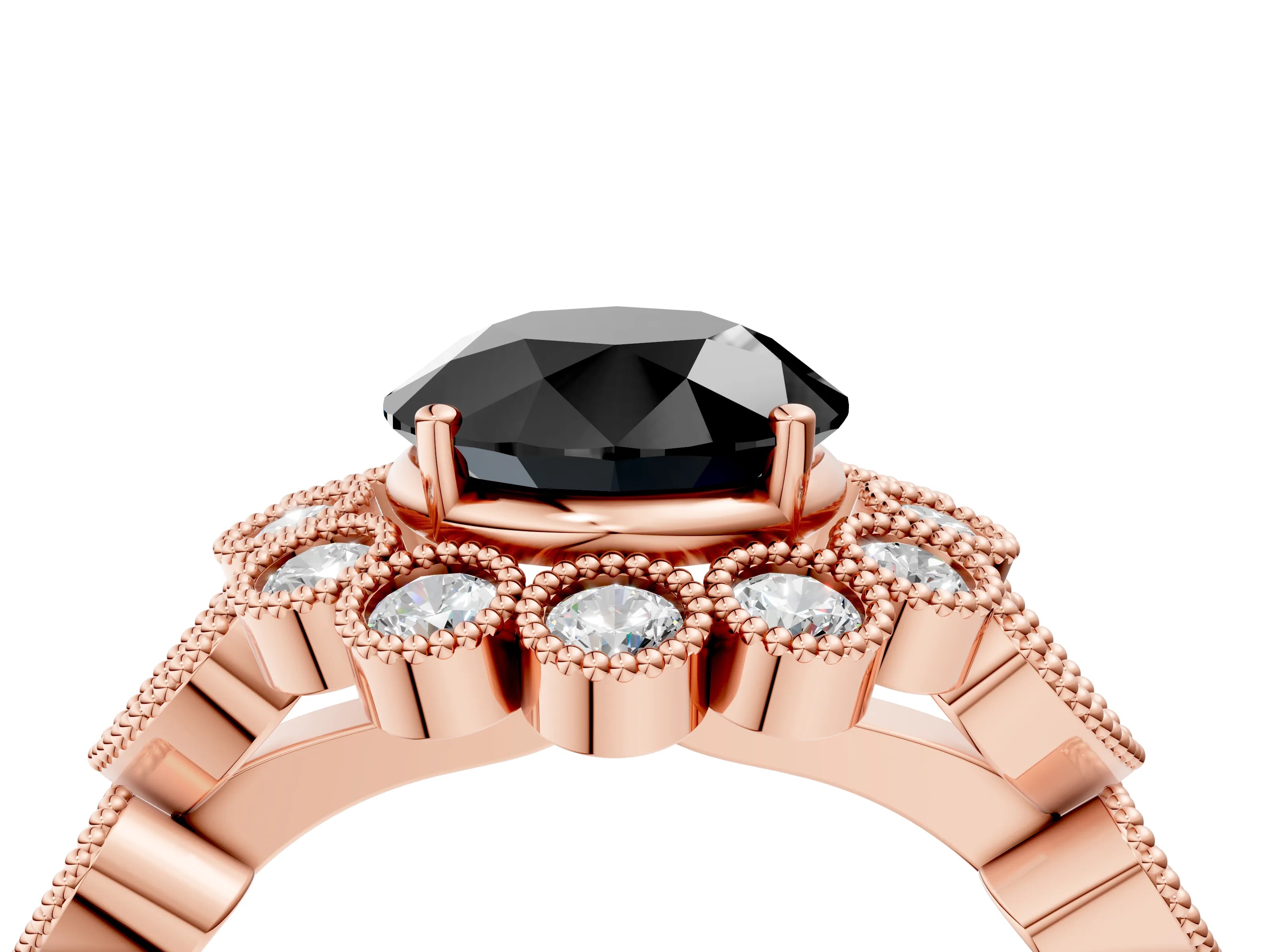 Rose gold Fancy Black Round Cut Brilliant Milgrain Pave Heart Band Solitaire Ring_4