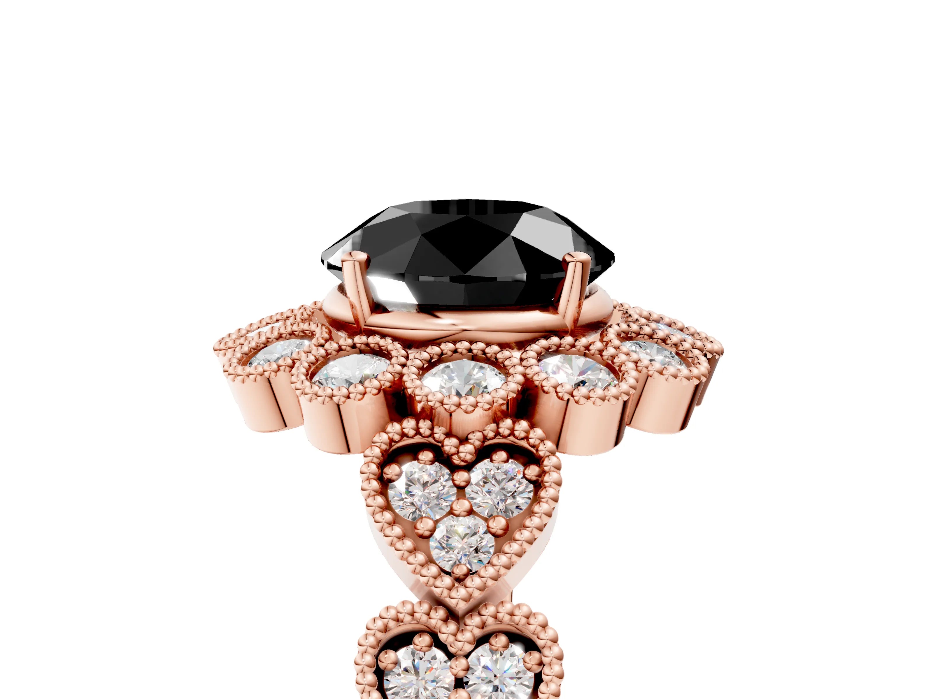 Rose gold Fancy Black Round Cut Brilliant Milgrain Pave Heart Band Solitaire Ring_5