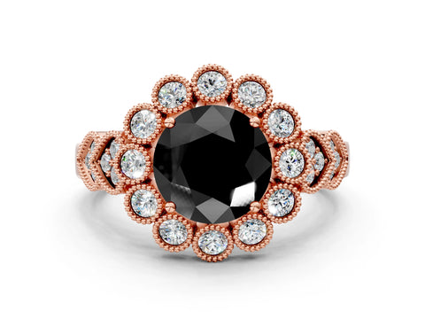 Rose gold Fancy Black Round Cut Brilliant Milgrain Pave Heart Band Solitaire Ring