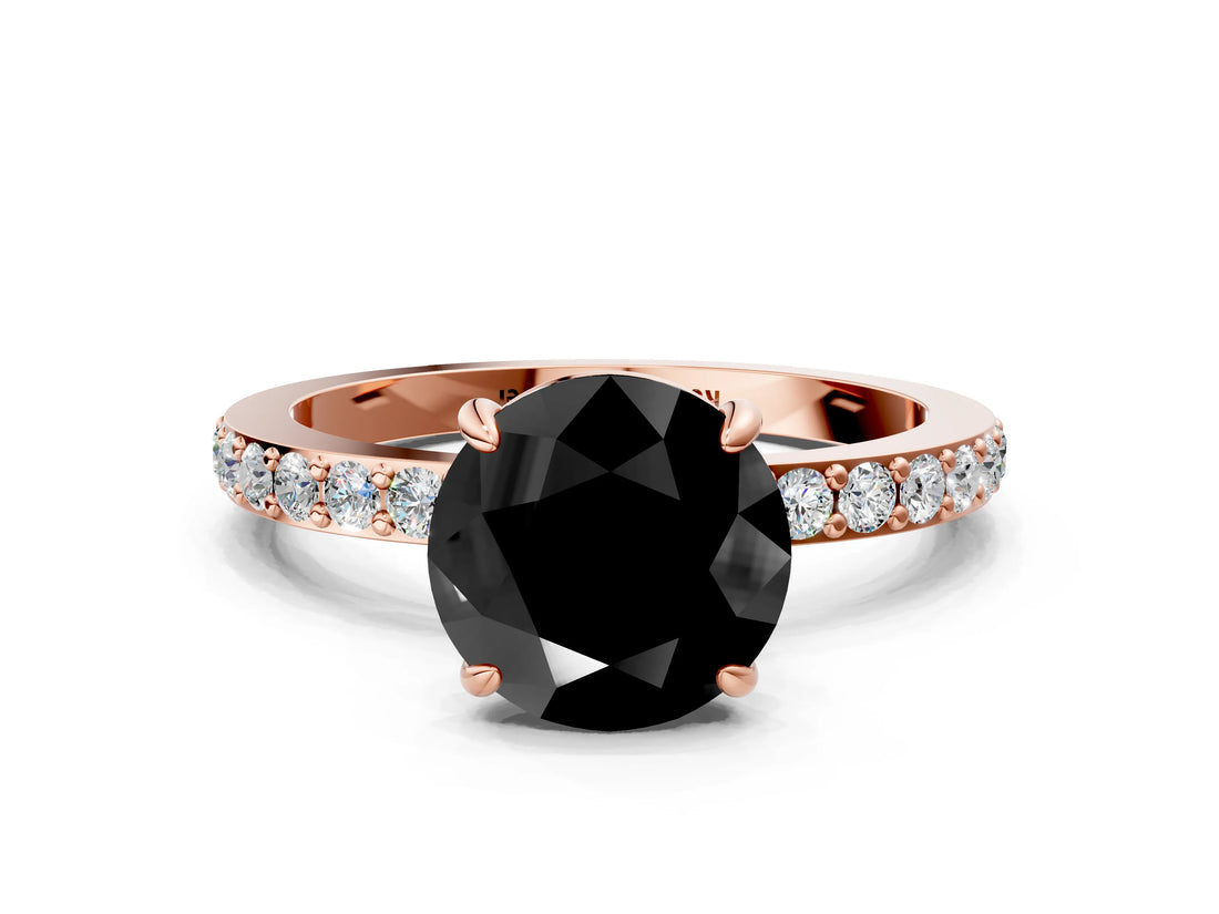 Rose gold Fancy Black Round Cut Brilliant Pavé Band Solitaire with Four-Prong Setting