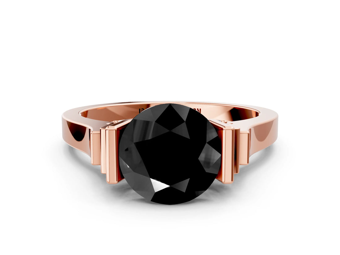 Rose gold Fancy Black Round Cut Brilliant Solitaire Diamond Ring with Channel Set Band and Bar Prong Setting