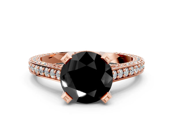 Rose gold Fancy Black Round Cut Brilliant Split Shank Pave Solitaire Ring with Four-Prong Setting