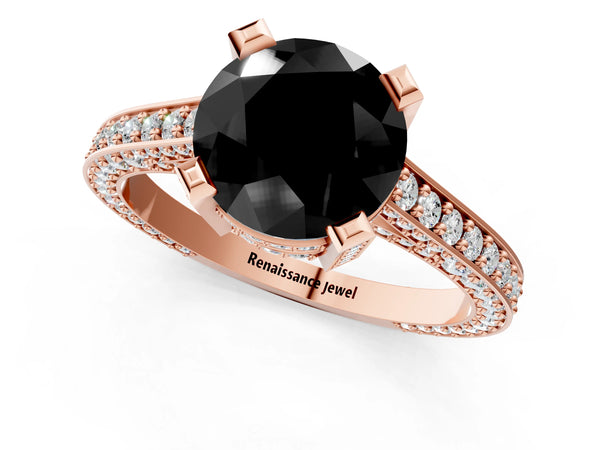 Rose gold Fancy Black Round Cut Brilliant Split Shank Pave Solitaire Ring with Four-Prong Setting
