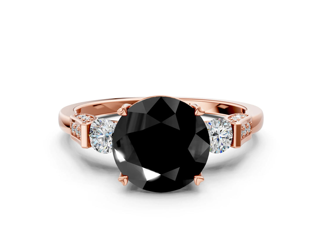 Rose gold Fancy Black Round Cut Brilliant Three-Stone Pave Band with Four-Prong Setting