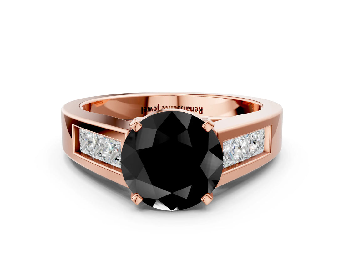 Rose gold Fancy Black Round Cut Cut Channel Set Solitaire Ring with Four-Prong Setting