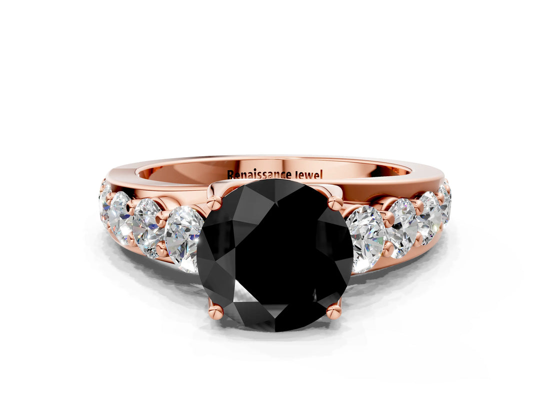 Rose gold Fancy Black Round Cut Cut Diamond Engagement Ring with Pavé Band and Four-Prong Setting