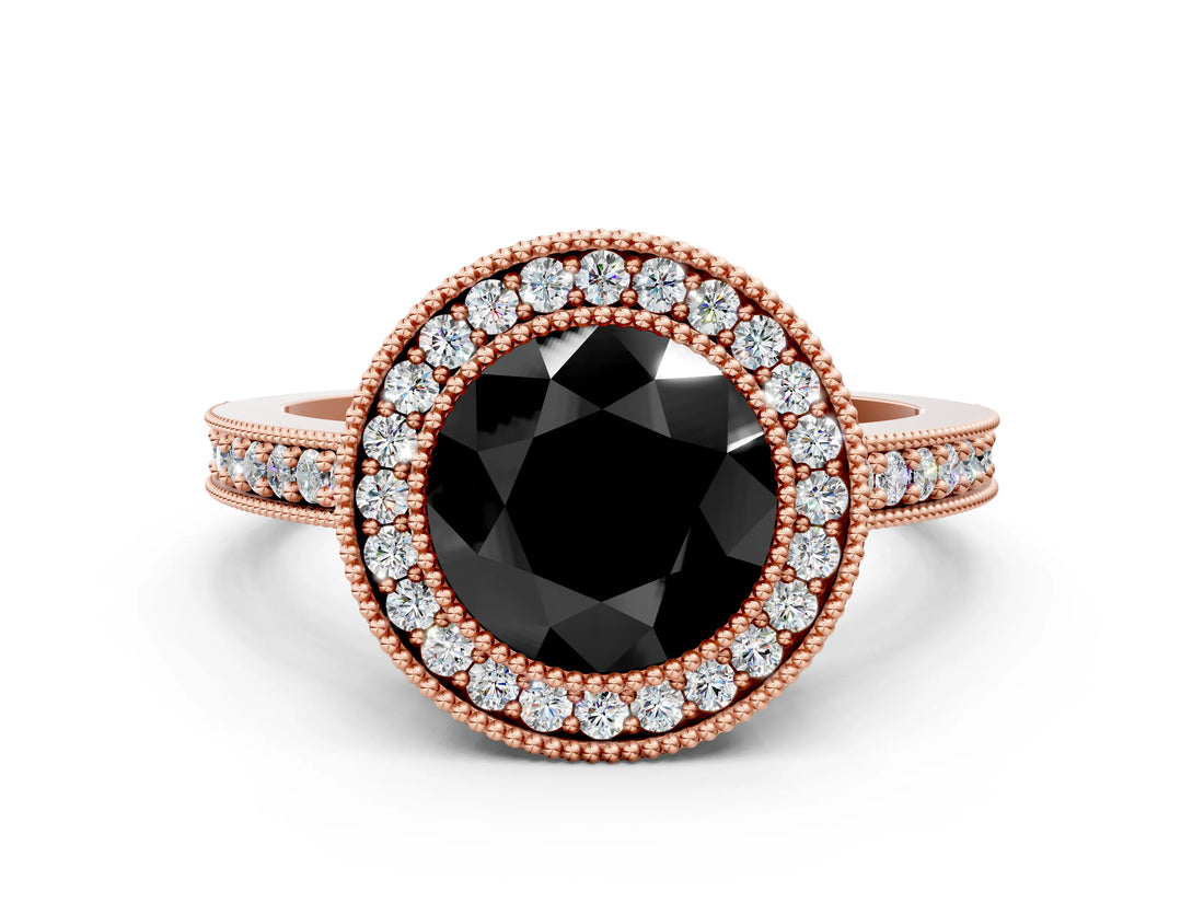 Rose gold Fancy Black Round Cut-Cut Diamond Halo Engagement Ring with Pave Band and Prong Setting