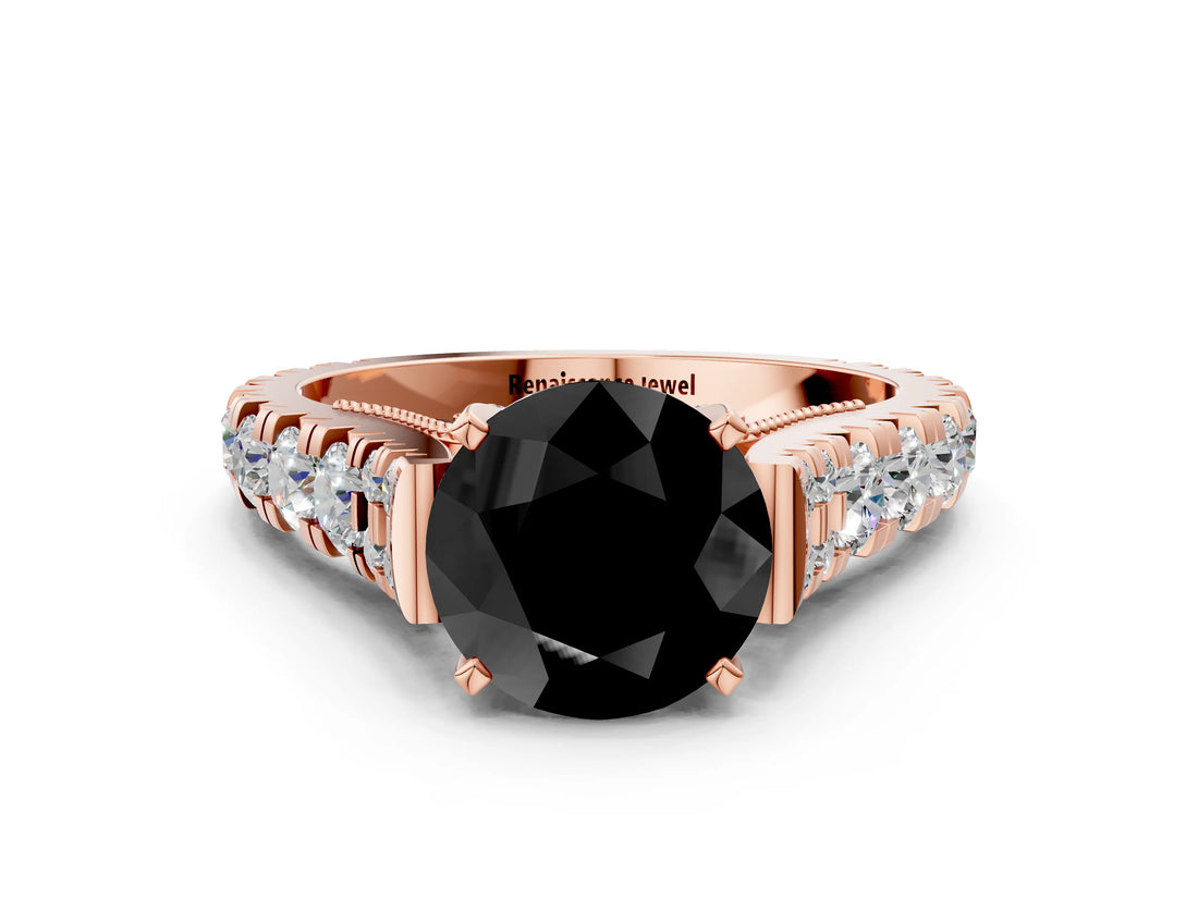 Rose gold Fancy Black Round Cut Cut Diamond Pavé Band Solitaire with Four-Prong Setting