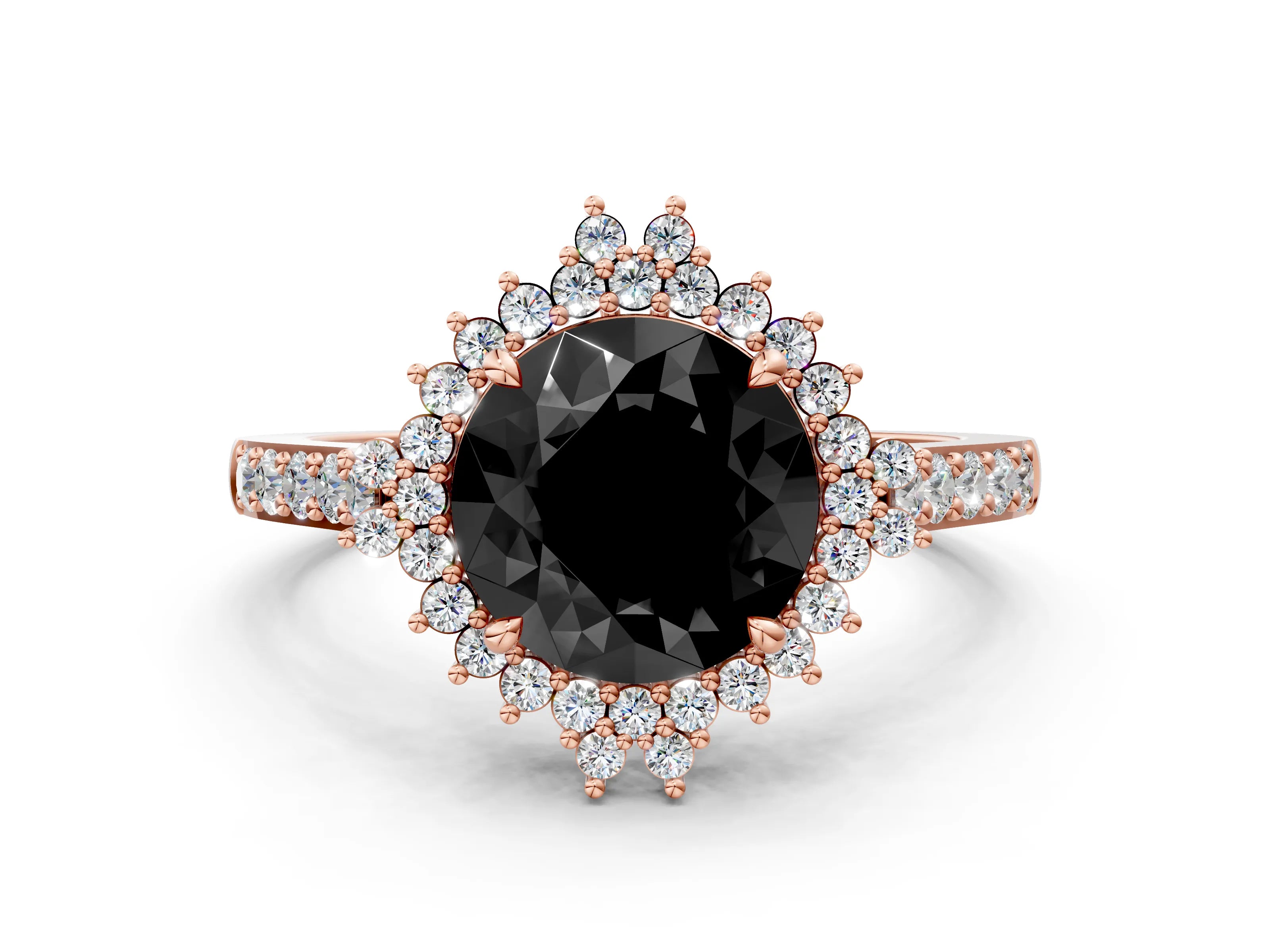 Rose gold Fancy Black Round Cut Cut Diamond Sunburst Halo Engagement Ring with Pavé Band
