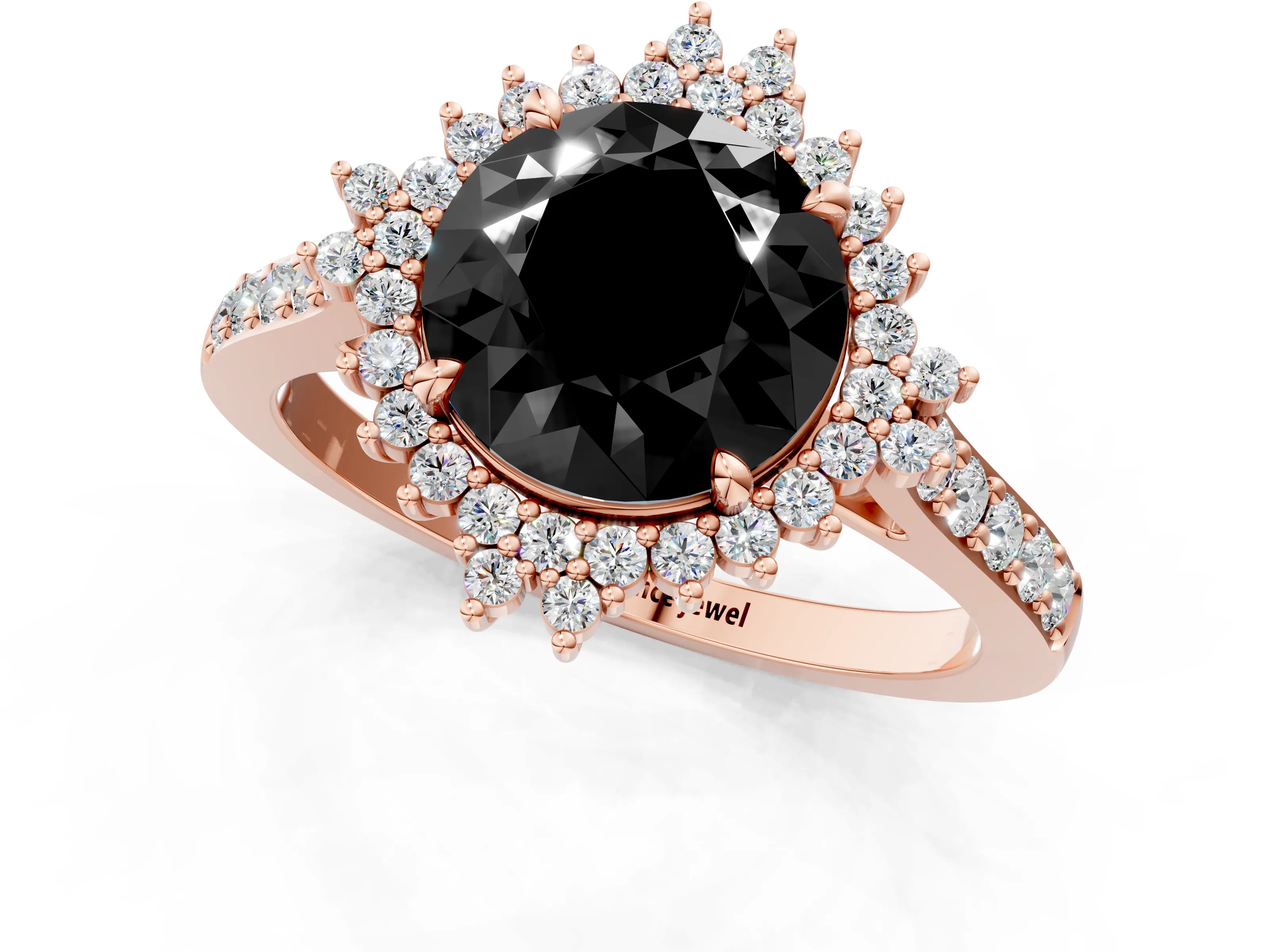 Rose gold Fancy Black Round Cut Cut Diamond Sunburst Halo Engagement Ring with Pavé Band_1