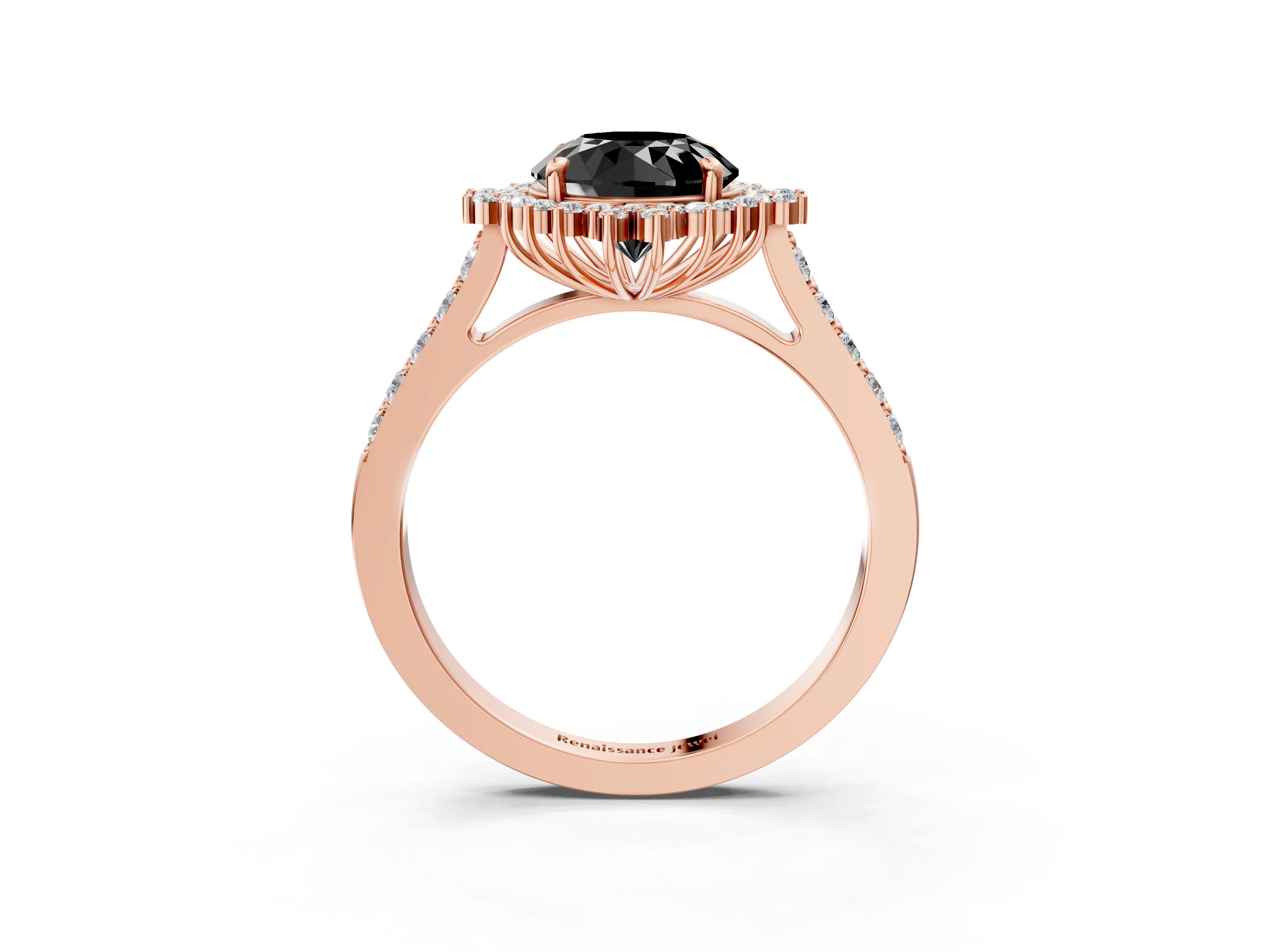 Rose gold Fancy Black Round Cut Cut Diamond Sunburst Halo Engagement Ring with Pavé Band_3