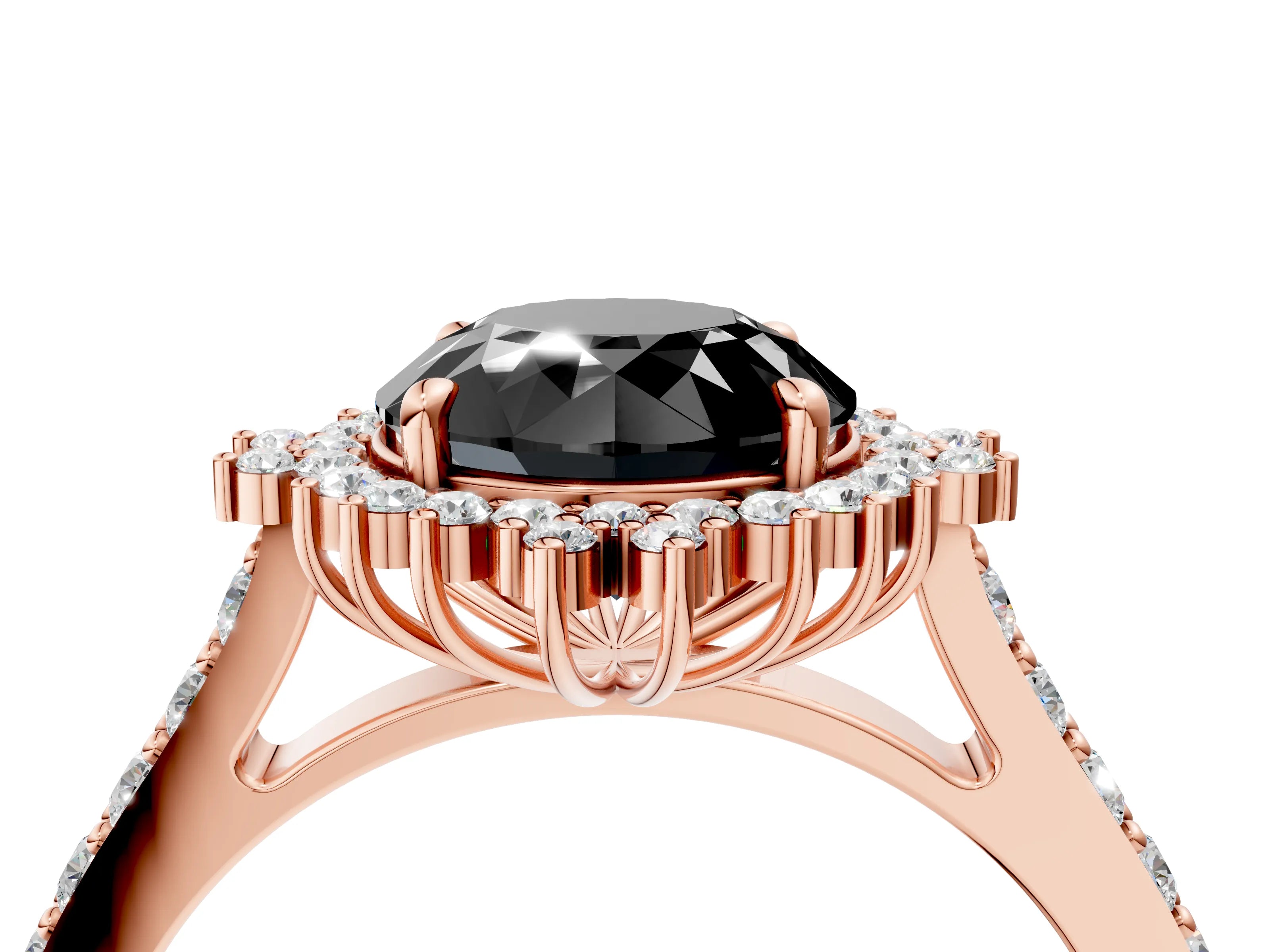 Rose gold Fancy Black Round Cut Cut Diamond Sunburst Halo Engagement Ring with Pavé Band_4