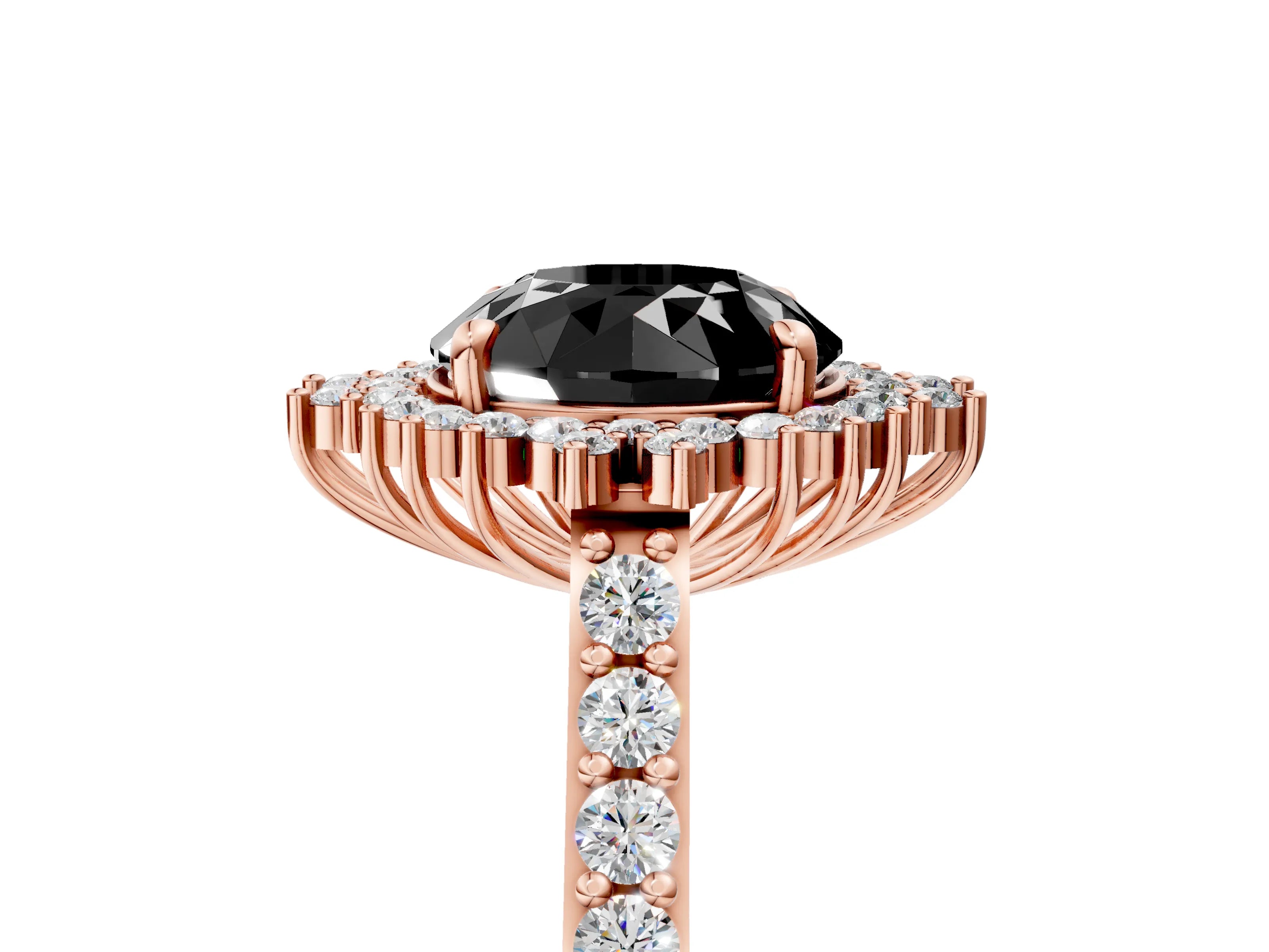 Rose gold Fancy Black Round Cut Cut Diamond Sunburst Halo Engagement Ring with Pavé Band_5
