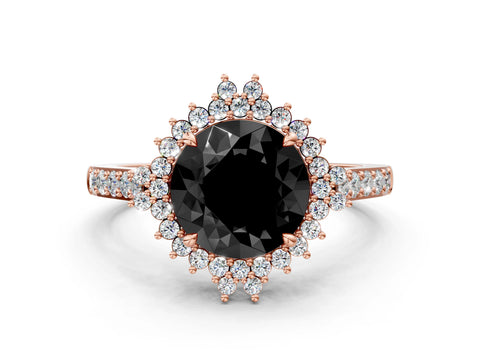 Rose gold Fancy Black Round Cut Cut Diamond Sunburst Halo Engagement Ring with Pavé Band