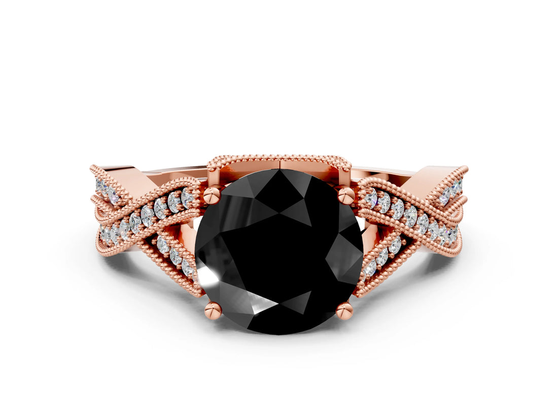 Rose gold Fancy Black Round Cut Cut Diamond Twisted Band with Milgrain Pave Setting and Four-Prong Setting