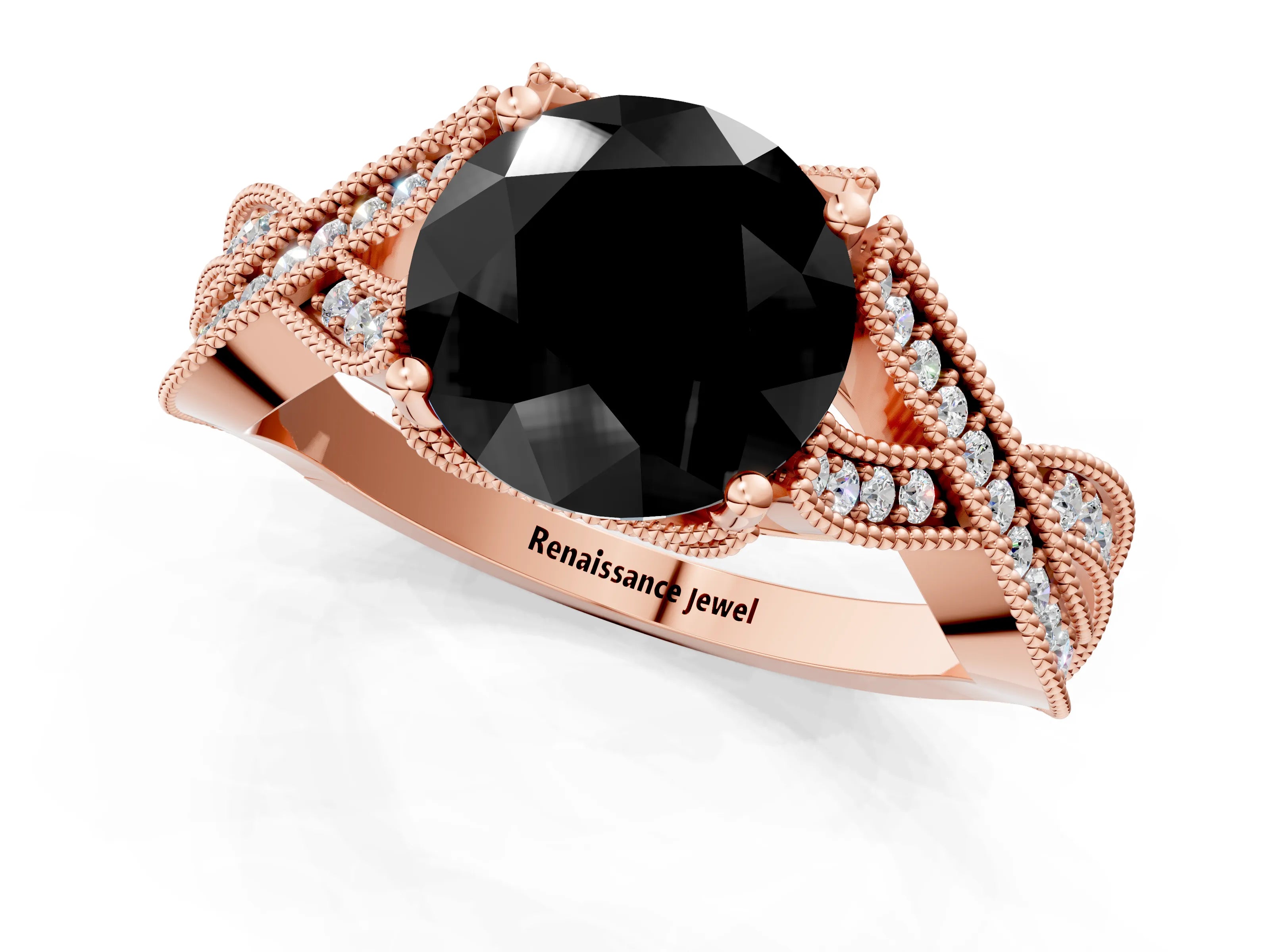 Rose gold Fancy Black Round Cut Cut Diamond Twisted Band with Milgrain Pave Setting and Four-Prong Setting_1