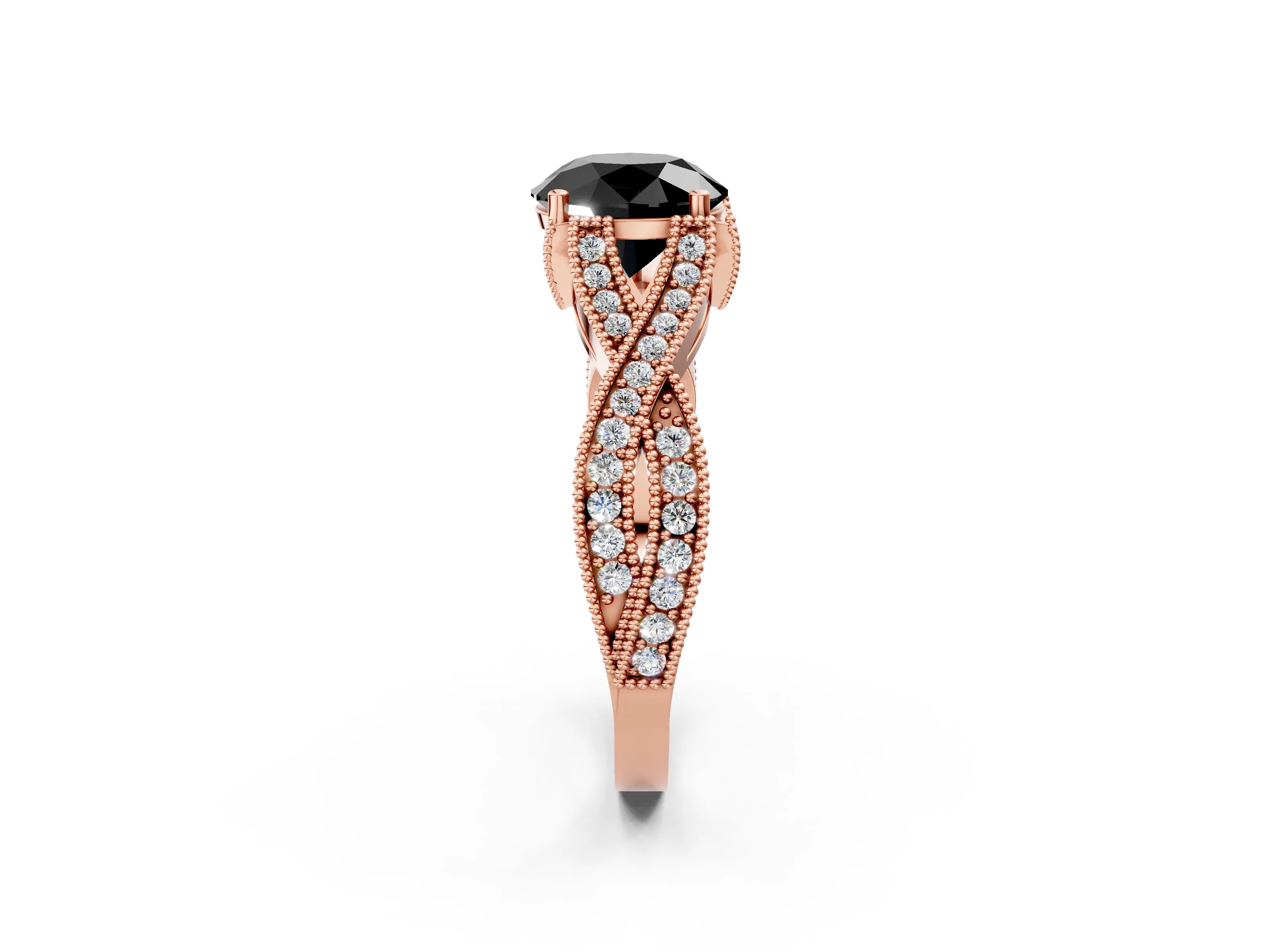 Rose gold Fancy Black Round Cut Cut Diamond Twisted Band with Milgrain Pave Setting and Four-Prong Setting_2